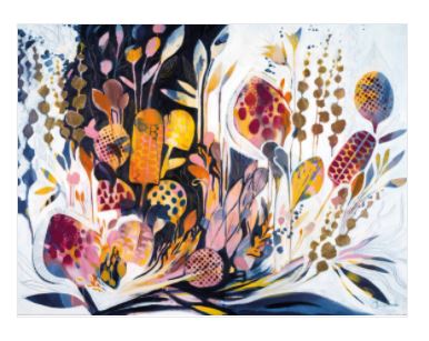 The Integration by Susan Nethercote, part of the Blue Dog Posters collection, is a stunning abstract painting featuring a vibrant array of stylized elongated leaves and floral elements in shades of yellow, orange, pink, and purple. Set against a predominantly white background with sweeping dark accents, this enchanting artwork makes a captivating statement.