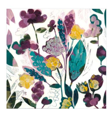 Botanical Nuance VII by Susan Nethercote from GAL247 is a vivid Flora Themed abstract painting, featuring purple, yellow, and teal flowers on white. With diverse flower shapes and textures, it enhances any decor with its lively composition.