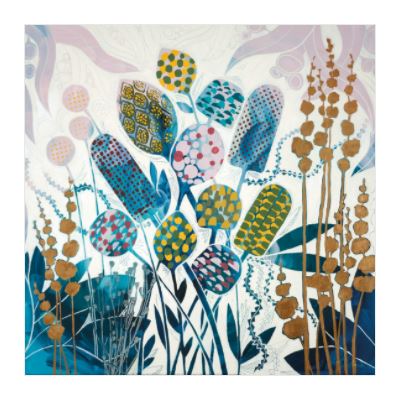 Botanical Nuance VII by Susan Nethercote from Blue Dog Posters showcases a vibrant, abstract painting featuring various colorful, patterned leaves and flowers. The premium quality Matte Art Paper displays a mix of yellow, blue, pink, and green hues on a white background with intricate details and geometric shapes. The scene beautifully depicts a lively, whimsical garden.