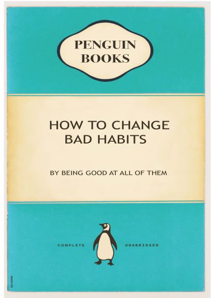 The book cover features a teal and cream design, displaying the title "Penguin - How to Change Bad Habits" prominently. At the top sits the iconic "Penguin Books" logo, while the bottom includes an illustration of a penguin alongside the words "Complete" and "Unabridged," evoking the style of designs from A5's Little Art series.