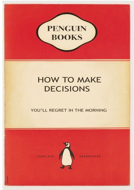 Here's a revised sentence incorporating the given product data:
The "Penguin - How to Make Decisions" cover from A5, part of the Little Art series, features a classic Penguin design with red top and bottom sections and a cream-colored middle, adorned with the Penguin Books logo at both ends. Ideal for mini prints or deluxe postcard frames.