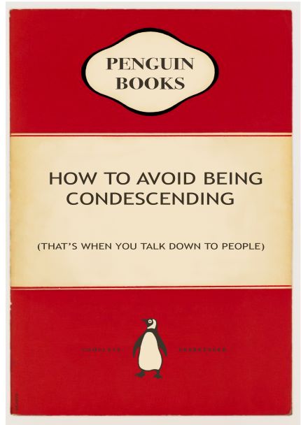 Presenting the A5 brand's vintage-style book cover titled "Penguin - Avoid Being Condescending," part of the Little Art series. This cover boasts a classic red and cream design, complete with the iconic Penguin Books logo at the top and a charming penguin illustration at the bottom.