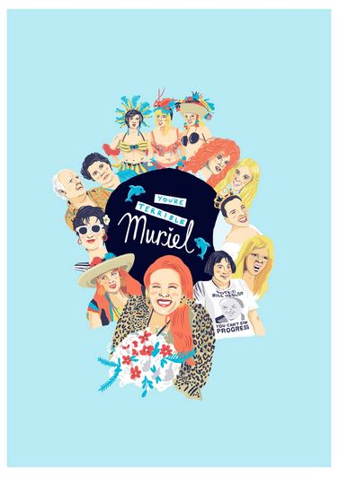 An illustration featuring numerous lively characters surrounding the text "You're Terrible, Muriel." Each uniquely dressed character highlights different styles and expressions. The light blue background complements the distinctive art print's whimsical nature, celebrating the creativity of featured artists. The product is "You're Terrible Muriel by Amy Blue" from fap.