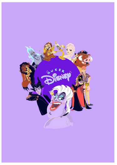 An illustration from the Featured Artists Collection showcases Disney characters, including villains and sidekicks, encircling a purple sphere with the text "Queer Disney." The background is a solid light purple color. Art fans can appreciate this unique piece as an art print by Amy Blue called Queer Disney by Amy Blue from fap.