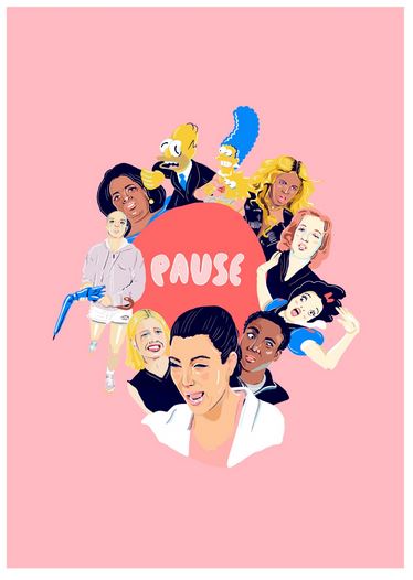 A vibrant art print featuring a group illustration of various fictional characters and animated figures, centered around the bold red text "PAUSE" on a pink background. The characters include diverse women from different TV shows, movies, and animations, including the iconic Amy Blue. Part of our Featured Artists Collection, Pause by Amy Blue by fap.