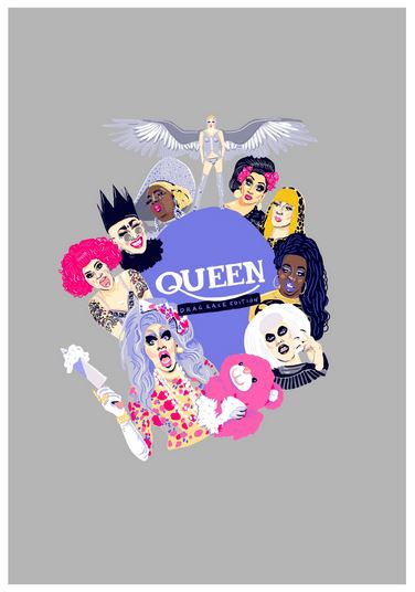 Illustration featuring diverse drag queens surrounding a circular "Queen Ru Paul Ed" by fap logo with "DRAG RACE EDITION" written below it. The queens exhibit colorful makeup, outfits, and expressions. An angelic figure with outstretched wings stands atop the logo. Part of the Featured Artists Collection, this art print showcases Amy Blue's vibrant creativity.