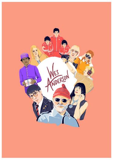 A colorful art print titled "Wes Anderson by Amy Blue" from the fap brand features various characters from Wes Anderson films arranged around a central white circle with "Wes Anderson" written in red. The background is a soft peach color, and the characters are depicted in distinct cartoon style, part of the Featured Artists Collection by Amy Blue.