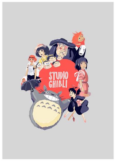 An illustrated poster featuring various characters from Studio Ghibli films, including Totoro, No-Face, Kiki, and others, surrounding a red circle with "Studio Ghibli" written inside. Part of the Featured Artists Collection by fap, this mesmerizing art print titled "Studio Ghibli by Amy Blue" is set against a light grey background.