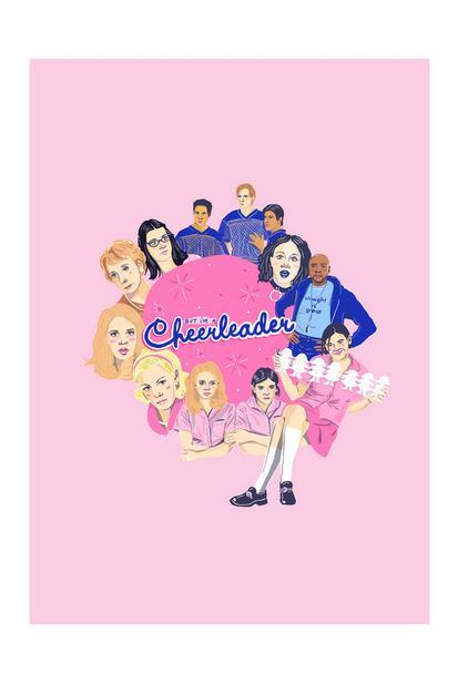Illustration of multiple characters from the movie "But I'm a Cheerleader" arranged in a circular composition on a pink background. The center features two characters in pink uniforms sitting next to each other, with the title logo "But I'm a Cheerleader" above them. Part of our Art Print collection, featuring **But I'm a Cheerleader by Amy Blue** by **fap**.