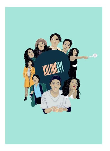 Illustrated poster featuring multiple versions of two characters from the TV show "Killing Eve" against a teal background. The show's title is centered. This art print, part of the Featured Artists Collection, displays the characters in various outfits and poses, highlighting different scenes and roles. This is "Killing Eve Eve by Amy Blue" by fap.