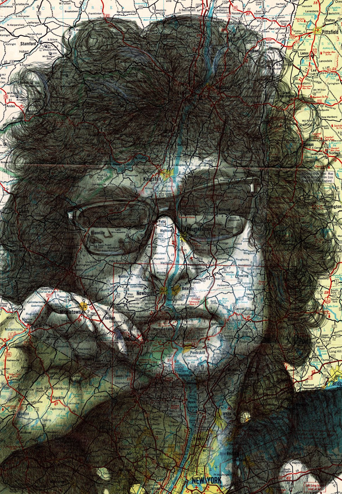 Bob Dylan by The Art of the North, an art print from fap, shows a person with curly hair and glasses overlaid on a map. The map shows regions and roads, with geographic details seamlessly blending into the person's face and upper body. This piece from the Featured Artists Collection merges portrait features with the map's lines and colors.