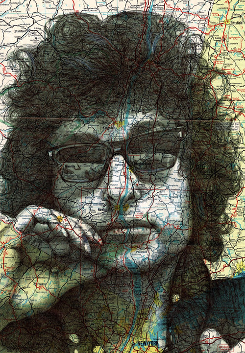 Bob Dylan by The Art of the North, an art print from fap, shows a person with curly hair and glasses overlaid on a map. The map shows regions and roads, with geographic details seamlessly blending into the person's face and upper body. This piece from the Featured Artists Collection merges portrait features with the map's lines and colors.