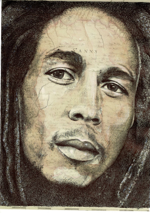 A detailed sketch of a man's face with dreadlocks, printed on satin paper. The shading highlights his facial features, emphasizing his eyes, nose, and lips. His expression is calm and thoughtful, set against a slightly textured background. This art print showcases "Bob Marley by The Art of the North" by fap.