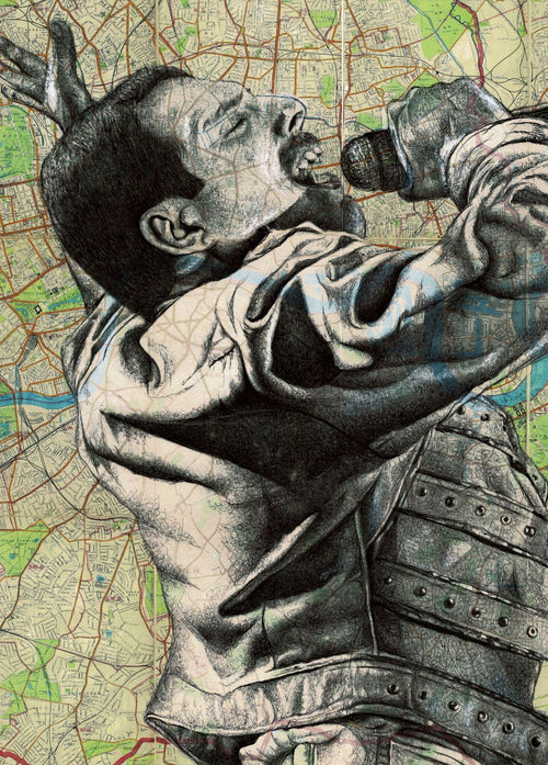 A dynamic illustration of a person passionately singing into a microphone with a map as the background. Freddie Mercury by The Art of the North, created by featured artists, combines the intensity of the performance with intricate map lines. Printed on 250gsm satin paper, it adds depth and texture to any collection. Brought to you by fap.