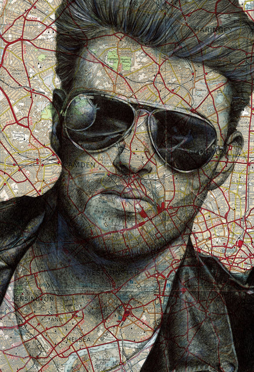 A portrait of a person wearing aviator sunglasses and a leather jacket is overlaid on a map. The map features various locations and red road lines, blending seamlessly with the person's image to create an artistic collage effect. This art print from the George Michael by The Art of the North collection by fap is crafted on 250gsm satin paper.
