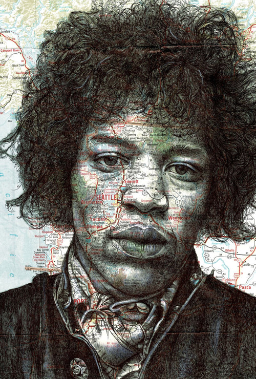 A portrait of a man with curly hair, wearing a patterned scarf and a dark jacket. The image is composed with a map overlay, showing the Seattle area prominently on his face and mixing his facial features with map lines and text. This captivating art print, Jimi Hendrix by The Art of the North, is part of our Featured Artists Collection by fap, rendered on 250gsm satin paper.