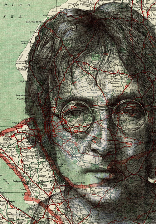 A detailed illustration from the Featured Artists Collection showcases a map blending with the face of a person wearing round glasses. Red lines intertwine with the person's features, merging geography and portraiture. This art print on 250gsm satin paper also includes various towns and geographical details in the background. The product, "John Lennon by The Art of the North" by fap, captures this unique blend beautifully.