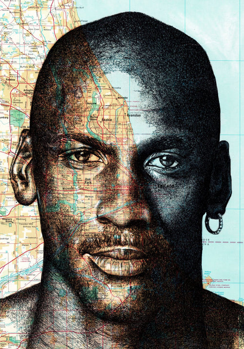 A detailed drawing of a man's face merges with a map, blending together intricately on 250gsm Satin Paper. The man has a shaved head, a hoop earring in his left ear, and a serious expression. The map features geographical markings and locations, with Chicago prominently visible. Part of the Featured Artists Collection: Michael Jordan by The Art of the North from fap.