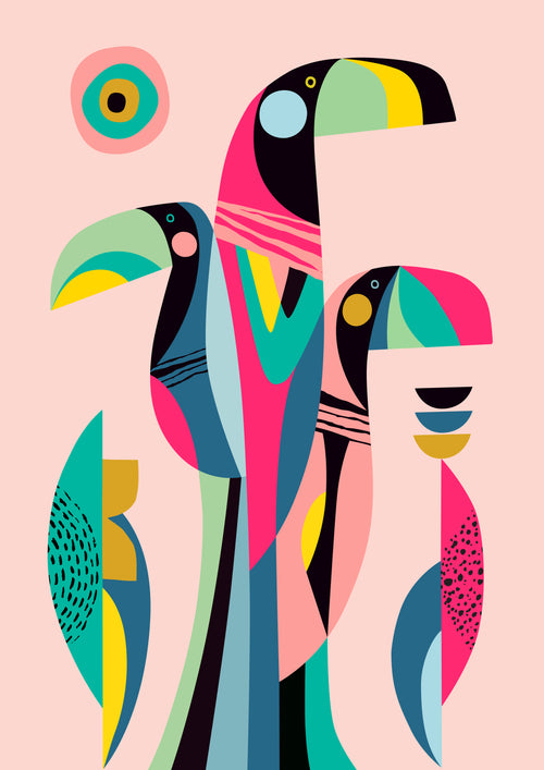 Rachel Lee's art print, "Toucans by Rachel Lee," features three stylized toucans with elongated shapes and vibrant colors like pink, teal, yellow, and black. The light pink background includes a circular, eye-like shape in the top-left corner. Geometric patterns adorn the birds in this piece from the Featured Artists Collection by fap.