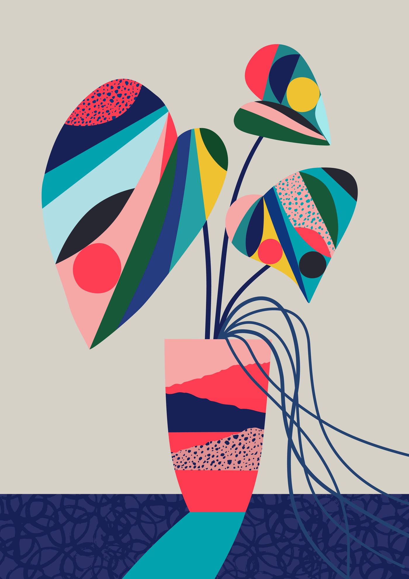 A vibrant, abstract illustration from the fap Featured Artists Collection by Rachel Lee, titled Monstera by Rachel Lee, showcases a potted plant with geometric, multicolored shapes forming the leaves and pot. The background is gray, and the plant rests on a textured, dark blue surface. An exquisite art print with hues of reds, blues, greens, and yellows.