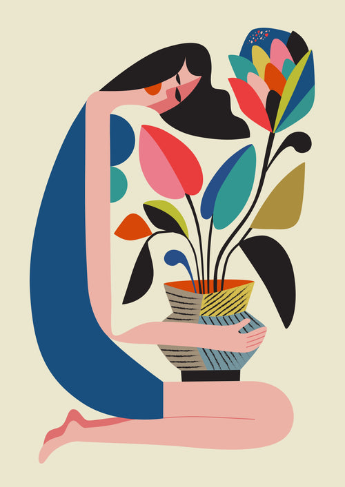 A stylized illustration of a person with long black hair wearing a blue dress. The person is kneeling and holding a pot with a colorful, abstract plant. Part of the Featured Artists Collection, this art print by fap showcases leaves in shades of pink, red, green, yellow, blue, and black titled Protea by Rachel Lee.
