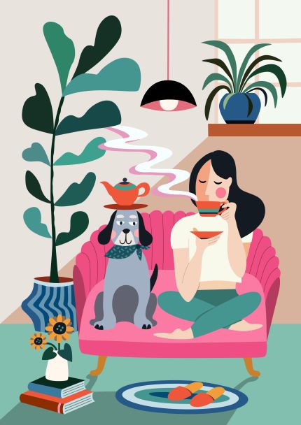 A person sits cross-legged on a pink couch, sipping tea from Tea Time by Rachel Lee A5 by fap, with a dog by their side. There are indoor plants, a teapot steaming on the couch, a hanging lamp, and a bookshelf with mini prints from the Little Art series nearby. Cozy indoor setting.