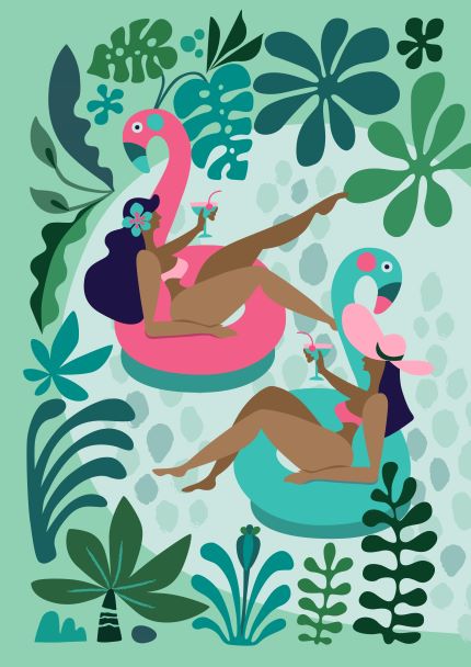 An illustration from the "Girlfriends by Rachel Lee A5" collection by fap features two women relaxing on inflatable pool floats, one shaped like a flamingo and the other a swan. Both women are wearing swimsuits and holding drinks. The background showcases lush tropical leaves and plants in various shades of green, making it ideal for Deluxe Postcard Frames or Mini prints in the Little Art series.