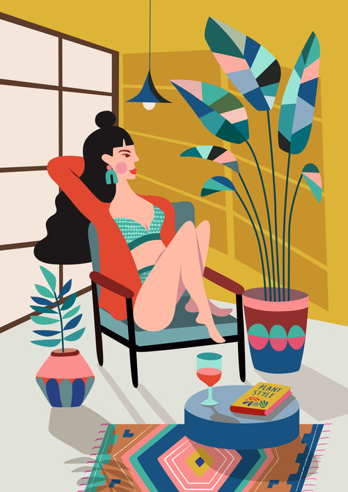 A stylized illustration from the Featured Artists Collection showcases a woman relaxing in a modern room. She is seated on a chair, wearing a red cardigan and a turquoise bikini. Large plants, a small table with a drink and book, and a colorful rug decorate the space, with geometric shapes in the background. The artwork is titled "Plant Lady (yellow)" by Rachel Lee from fap.
