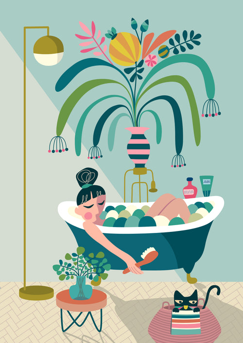 A whimsical illustration from the fap Rachel Lee Featured Artists Collection showcases a woman relaxing in a bubble bath surrounded by lush plants and decor. A black cat sits in a pink basket near a round table holding a plant, while a floor lamp illuminates the teal-walled bathroom.