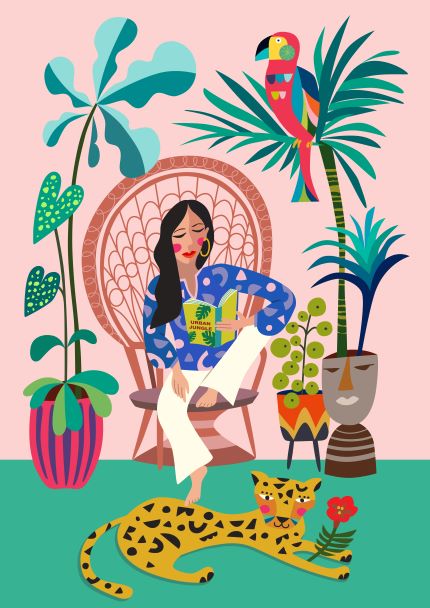 Illustration of a woman sitting in a peacock chair surrounded by tropical plants, reading a book titled "Plants." There is a colorful parrot perched on a plant and a leopard lying on the ground near her, holding a flower in its mouth. Available as an art print on matte art paper, this piece is titled "Plant Lady by Rachel Lee" (50x70cm) and created by featured artists from MEZ 210.