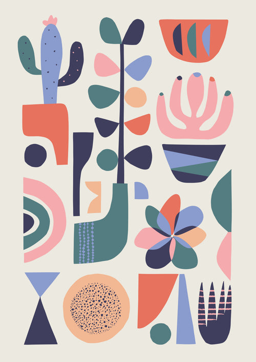 Succulents by Rachel Lee A5, from Blue Dog Posters, features an abstract illustration with colorful geometric shapes and botanical motifs. As part of the Little Art series, this design incorporates elements like plants, leaves, bowls, and decorative patterns in vibrant shades of blue, pink, orange, and green. It's perfect for art lovers seeking modern and playful mini prints.