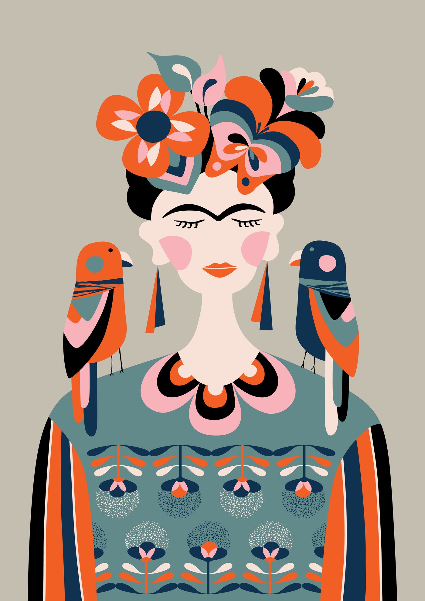 Rachel Lee's stylized illustration, Frida Kahlo by Rachel Lee 50x70cm from the MEZ 221 brand, features a woman with vibrant flowers in her hair, wearing a patterned dress and large earrings, alongside two birds perched on her shoulders. This art print embodies a bold and geometric aesthetic using striking colors, perfect for adding a touch of artistry to your space from the Featured Artists Collection.