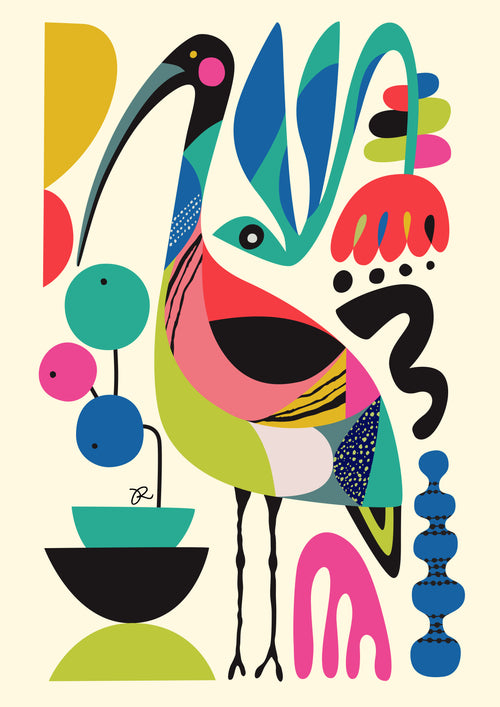 Abstract illustration of a stylized bird surrounded by vibrant, geometric shapes in various colors. The bird features bold patterns and shades of pink, green, blue, and yellow. Part of the fap Rachel Lee Featured Artists Collection, **Ibis by Rachel Lee**, the background includes organic forms and abstract elements for dynamic composition.