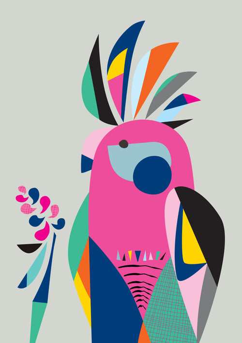 A vibrant, abstract illustration of a bird with a bold, colorful feather plume by Featured Artist Rachel Lee. The bird's body incorporates various geometric shapes and bright colors, including pink, blue, green, yellow, and black. It is holding a multicolored branch or flower in its beak. Presenting "Galah by Rachel Lee" by fap.