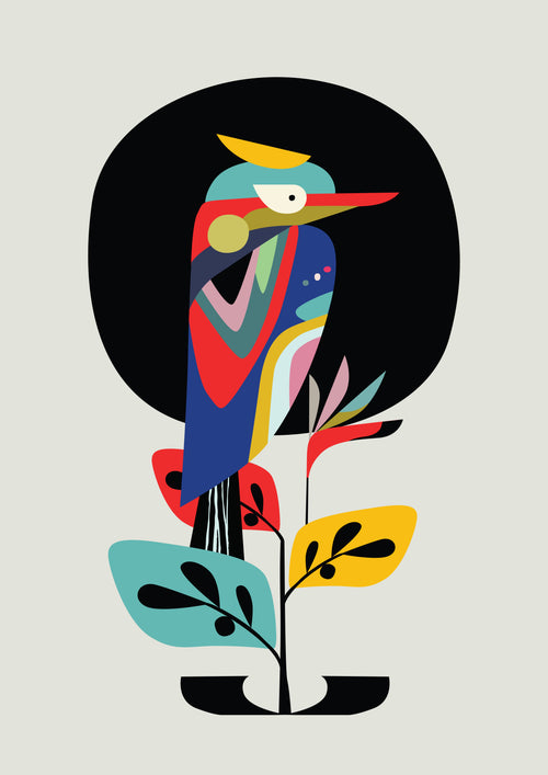 A vibrant, abstract illustration of a bird perched on a branch with leaves. This Art Print "Kookaburra by Rachel Lee" from fap features the bird in bold colors—red, blue, yellow, and green—set against a black circle on light grey canvas. With its modern geometric style, this piece is part of the high-quality Satin Paper collection from Featured Artists Collection.