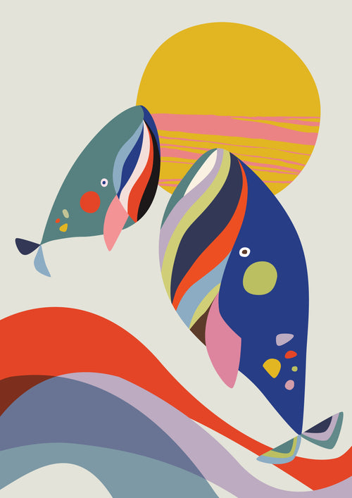 A colorful abstract illustration depicting two stylized fish swimming toward a large yellow sun. The fish are adorned with vibrant patterns and surrounded by flowing waves of red, purple, and blue. Printed on high-quality 250gsm Satin Paper, "Whales by Rachel Lee" is part of fap's Featured Artists Collection.