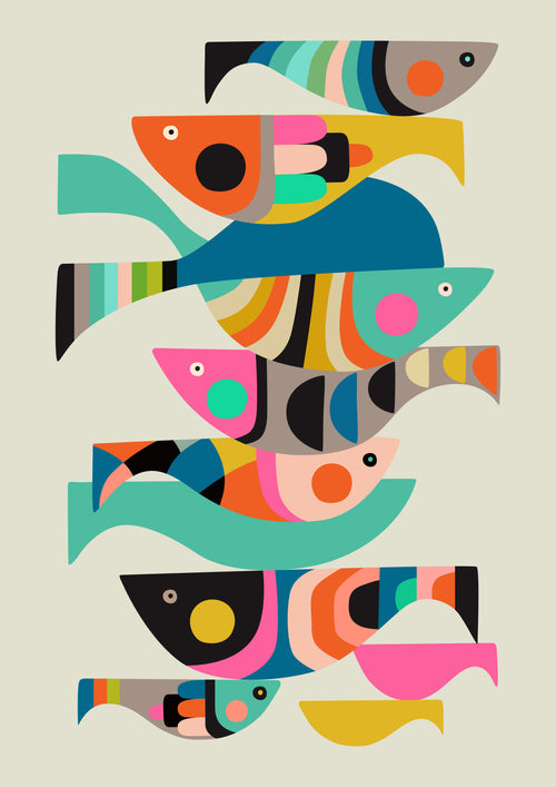 An illustration by Rachel Lee features colorful, stylized fish stacked vertically. Each fish showcases bold shapes and a vibrant mix of colors like orange, pink, green, blue, yellow, and black. This lively and playful composition is part of the Featured Artists Collection and set against a light beige background. Fish by Rachel Lee from fap.