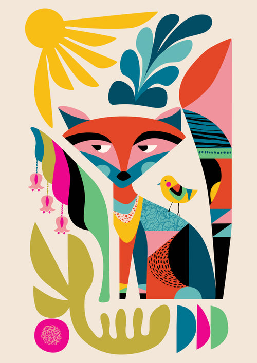 Stylized colorful illustration by Rachel Lee featuring a fox with geometric shapes and vibrant colors, surrounded by abstract plants, a bird, and bright shapes, including a sun and flowers. This playful and whimsical art print is part of the Fox by Rachel Lee collection from fap.