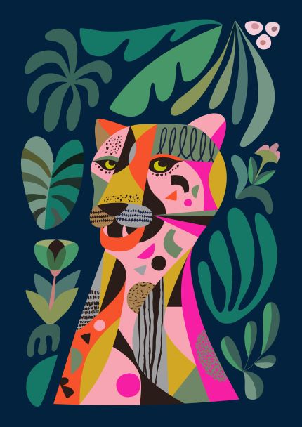 A stylized, vibrantly colored illustration of a leopard surrounded by abstract plant designs. The leopard's body features colorful, geometric patterns with shades of pink, green, yellow, and black. Perfect for the Little Art series, the "Leopard by Rachel Lee A5" mini print from fap stands out against its dark blue background with bright and vivid patterns.