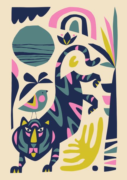 The Tiger by Rachel Lee A5 features a stylized, abstract illustration of a tiger adorned with vibrant blue, pink, and yellow patterns. Surrounding the tiger are various shapes, including a green bird, leaves, and geometric elements. This whimsical and colorful composition in the fap Little Art series is perfect for Deluxe Postcard Frames.
