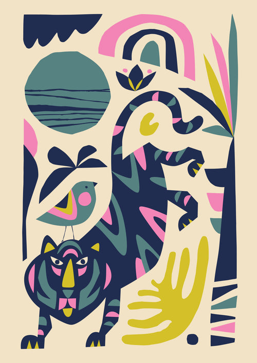 Abstract illustration with vibrant colors and bold shapes featuring a tiger, a bird perched on its tail, and various nature motifs. Part of the Featured Artists Collection by Rachel Lee, the composition includes geometric patterns, a rainbow, and foliage in pink, teal, yellow, and dark blue. This is "Tiger by Rachel Lee" from fap.