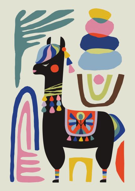 Llama by Rachel Lee A5" from the fap brand features a vibrant illustration of a llama adorned with tassels and blankets in bright patterns. Surrounding the llama are abstract shapes and forms in an array of colors, including a palm frond, stacked ovals, and arch designs, all set against a light background. This piece is part of the Little Art series' mini prints collection.