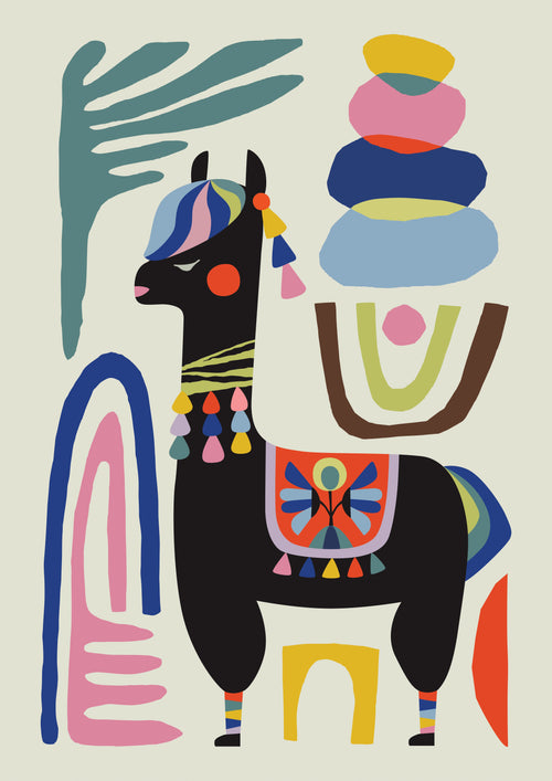Illustration of a black llama adorned with colorful decorations, including tassels, a vibrant saddle, and leg bands. Surrounding the llama are abstract shapes and patterns in bright colors like pink, blue, and yellow, with a large stylized plant on the left. A Llama by Rachel Lee from fap artist print on satin paper.