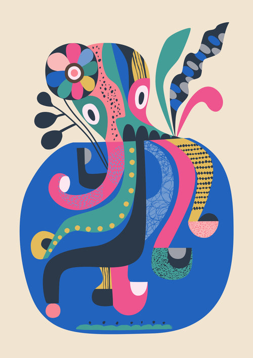 Abstract, colorful illustration featuring geometric shapes and patterns forming an eclectic design. Part of the Featured Artists Collection, Octopus by Rachel Lee from fap includes curved lines, a flower-like element with a pink center and multicolored petals, and various textures overlaying a rounded blue background.