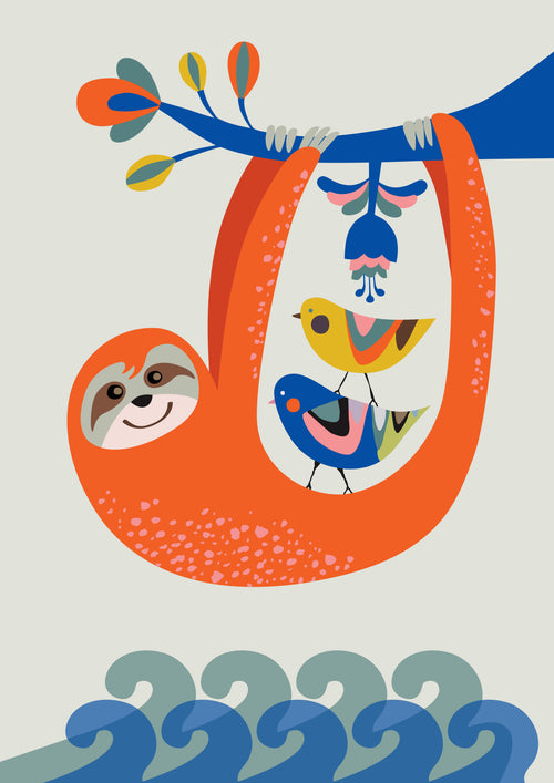 A colorful illustration by Rachel Lee of a smiling sloth hanging upside down from a branch with two vibrant birds perched on its belly. The background features stylized ocean waves. Part of the Featured Artists Collection, Sloth by Rachel Lee from fap is lively and playful, with bright and cheerful tones.