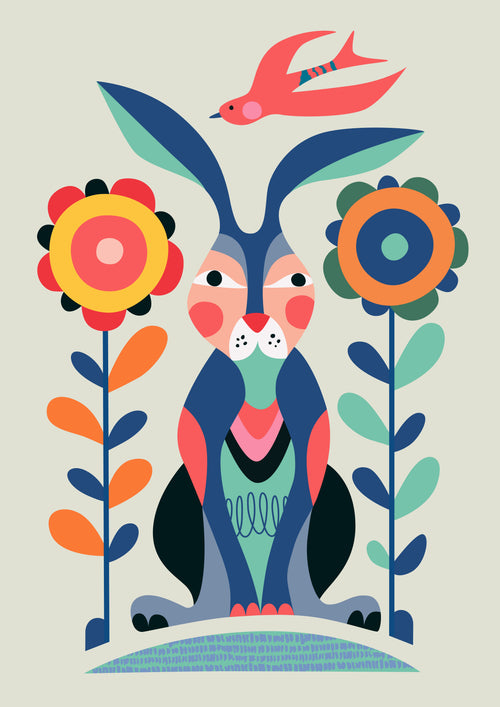 From the Featured Artists Collection, Bunny by Rachel Lee from fap showcases a stylized, colorful illustration of a whimsical rabbit with exaggerated features, sitting between two large, vibrant flowers. Above the rabbit's head, a small, brightly colored bird flies gracefully against a pale, neutral background.