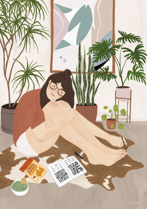 Illustration by Chloe Joyce of a woman sitting on a cowhide rug in a cozy room with green plants and abstract art. She has glasses, wears a red sweater and white shorts, and is doing a crossword puzzle with snacks like chips and guacamole nearby. Part of the 7 Across by Chloe Joyce from fap.