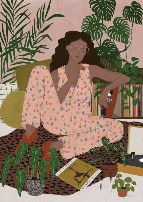 An illustration of a person with long dark hair, wearing glasses and a pink floral jumpsuit, sitting on a rug surrounded by plants and records. They are seated next to a bookshelf filled with books and a record player, with one hand near their face in a thoughtful pose, captured in high quality 250gsm satin paper by fap Big Dick Energy by Chloe Joyce.