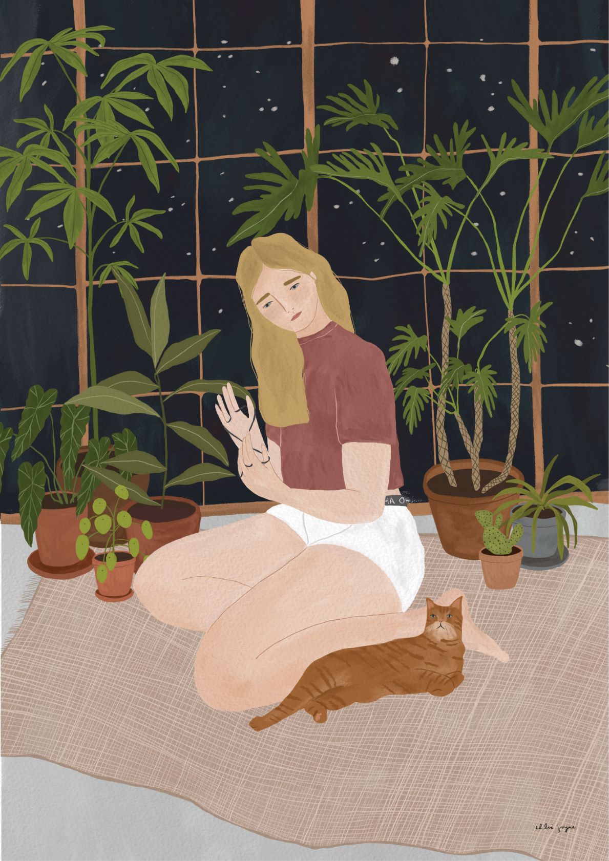 A woman with blonde hair sits on a beige rug indoors, wearing a maroon top and white shorts. She is holding a phone and gesturing with her hand. A ginger cat lies beside her, while tall green plants and large windows revealing a starry night sky form the backdrop of Cats Cradle by Chloe Joyce from fap.