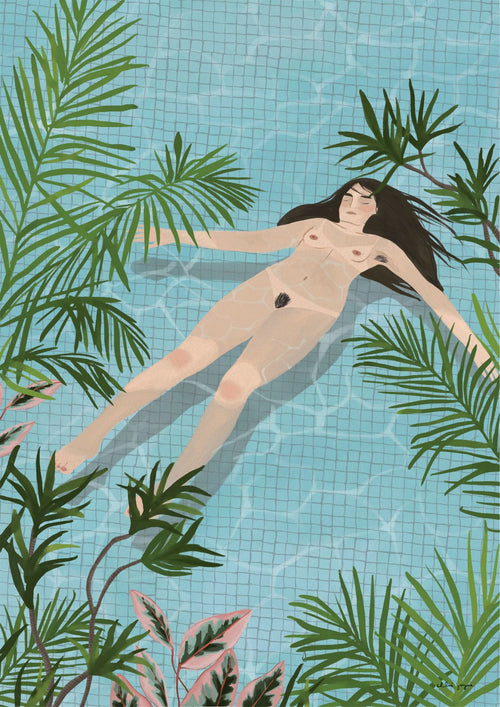 An art print illustration of a nude woman with long dark hair floating on her back in a swimming pool, surrounded by green tropical plants. The pool has a light blue tiled floor that is visible through the water. Part of our Featured Artists Collection and printed on high quality 250gsm satin paper, the scene is serene and peaceful—Dreaming by Chloe Joyce from fap.